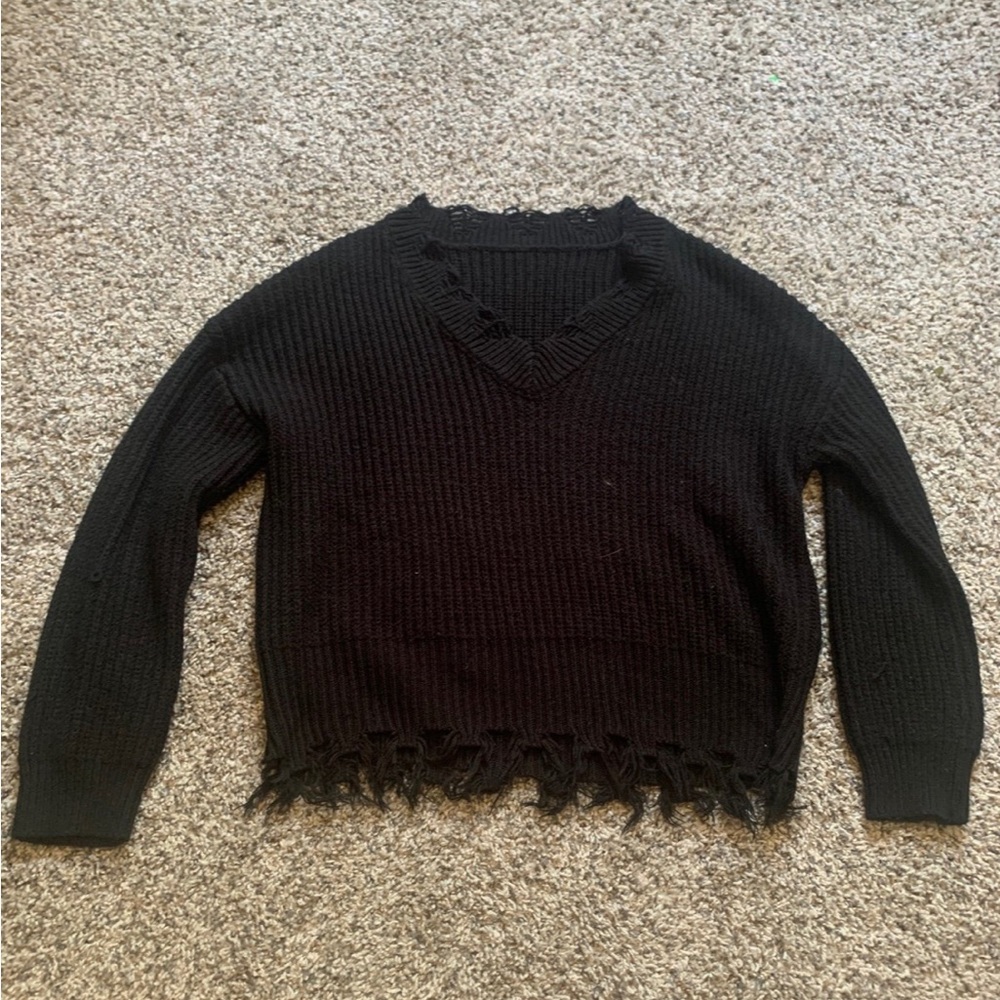 Distressed Dark Academia Witchy Gothic Black V-Neck Sweater